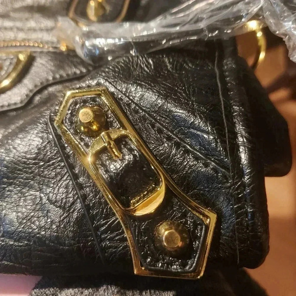 Black Vegan Leather Moto City Satchel Bag with Tassels Removable Strap - Picture 14 of 15